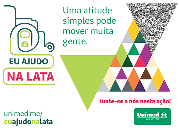 Imagem de cartaz promovendo a campanha. No lado esquerdo, temos o logotipo da campanha Eu ajudo na lata. Uma atitude simples pode mover muita gente. No lado direito, temos a imagem de lacres de latas.